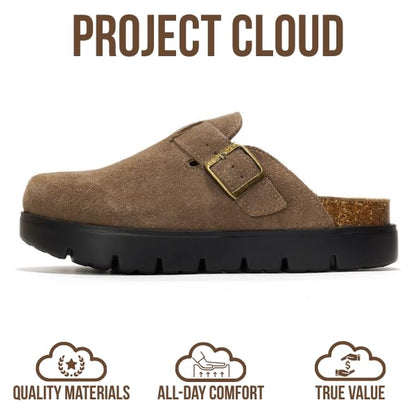 Project Cloud 100% Genuine Leather Platform Clogs for Women Footwear - Memory Foam Arch Support Cork Footbed Casual Shoes & Mules for Women 2026 (BentonChunky, CACAOSUEDE,6)