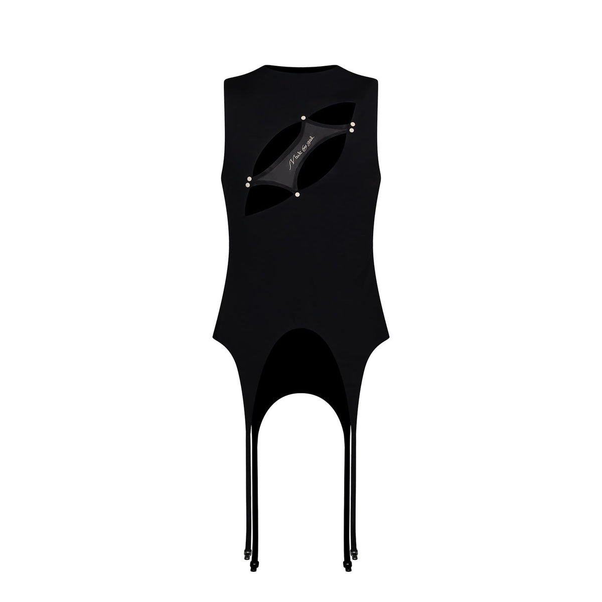 BSZN Men's Sexy Tank Top, Black Asymmetrical Eye Cutout Adjustable Suspender Hem Layerable High Stretch Slim Fit Gothic Punk Clubwear