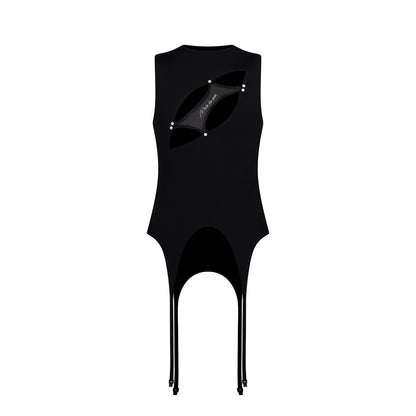 BSZN Men's Sexy Tank Top, Black Asymmetrical Eye Cutout Adjustable Suspender Hem Layerable High Stretch Slim Fit Gothic Punk Clubwear