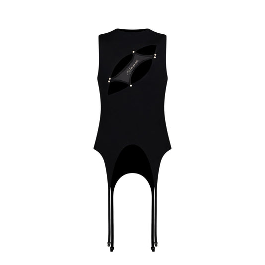 BSZN Men's Sexy Tank Top, Black Asymmetrical Eye Cutout Adjustable Suspender Hem Layerable High Stretch Slim Fit Gothic Punk Clubwear