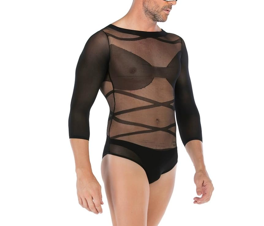 CAZEOUU Men's Sheer Black Bodysuit, Sexy Lingerie Set with Long Sleeve Top - Perfect for a Tempting Night In.