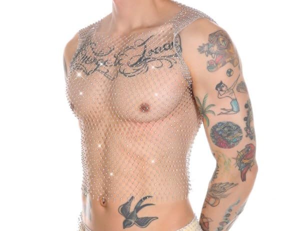 Men's Rave Outfit Sheer Rhinestone Top Sleeveless Tanks Crop Top Fishnet Vest Self-tie Wrap Mini Skirt Silver-top Medium