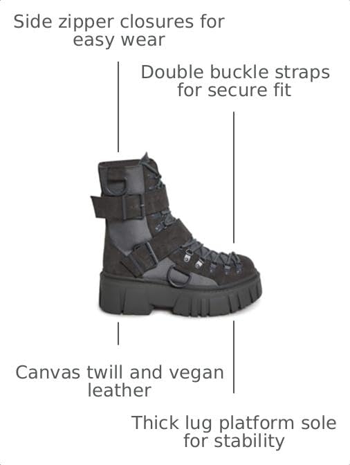 Dolls Kill Low Traitor Boots by Club Exx – Chunky Vegan Leather Boots with Buckles, D-Rings & Side Zipper, Dark Gray, 9