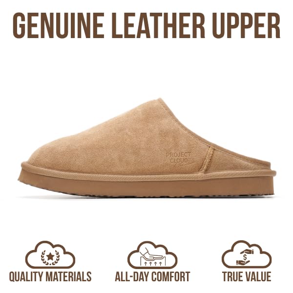 Project Cloud Mens Slippers 100% Genuine Leather and Genuine Shearling Lining – House Slippers for Men with Memory Foam Insole – Lightweight & Non Slip Mens House Shoes (Chill,CHSTNUTSUEDE,7.5)
