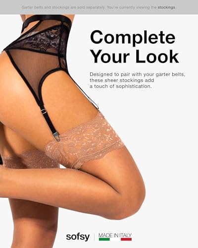 sofsy Premium 15 Denier Sheer Stockings [Made in Italy] Tan Thigh Highs for Garter Belt Women | Lace Nylon Bridal Lingerie - XS/Small