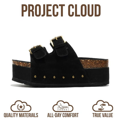 Project Cloud 100% Genuine Leather Platform Sandals Women - Memory Foam Insole with Two-Buckle - Non-Slip and Comfortable Wedge Sandals for Women 2026 (Oliy, BLK, 8.5)