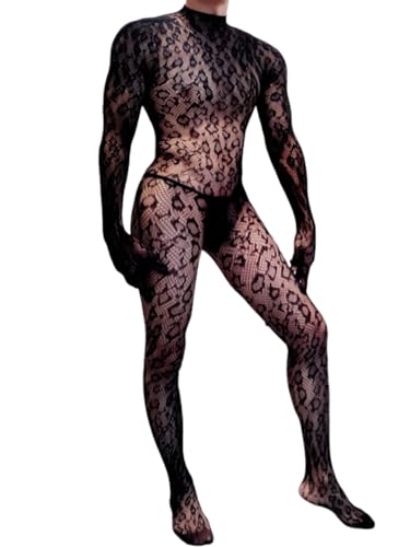 EHSUYAB Rave Outfits For Men, Festival Party Clubwear, Leopard One Piece Full Lace Jumpsuit, Sexy Lingerie Costume Bodysuit One Size Black