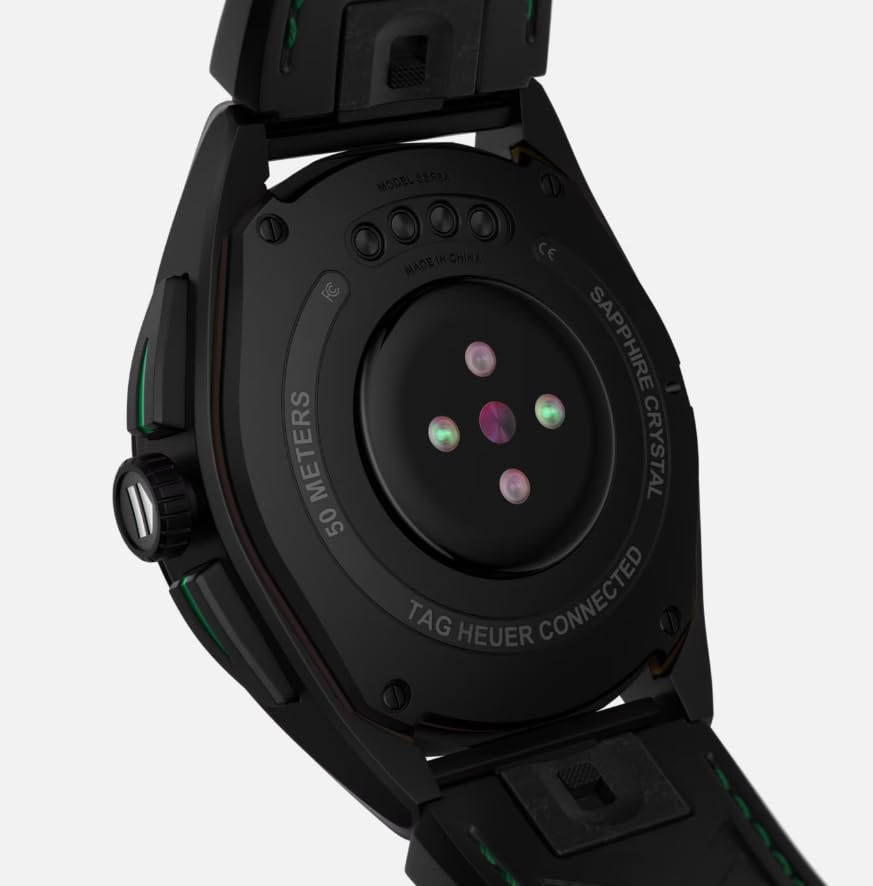 TAG Heuer Smart Watch, Fitness Watch, Connected Calibre E4 45 mm Golf Edition, Touch Screen, Waterproof, Calls, SMS, Steps, Heart Rate, Wellness, Titanium, White Or Black/Green Straps, SBR8A81.EB0251