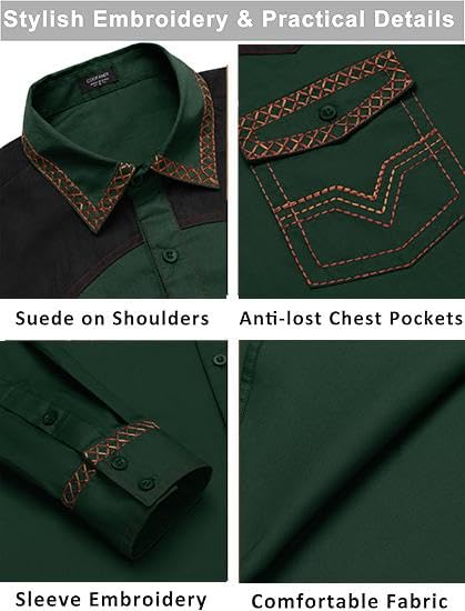 COOFANDY Western Shirts for Men Cowboy Casual Button up Shirts Long Sleeve Embroidered Shirt Slim Fit Shirt with Pockets Lake Green