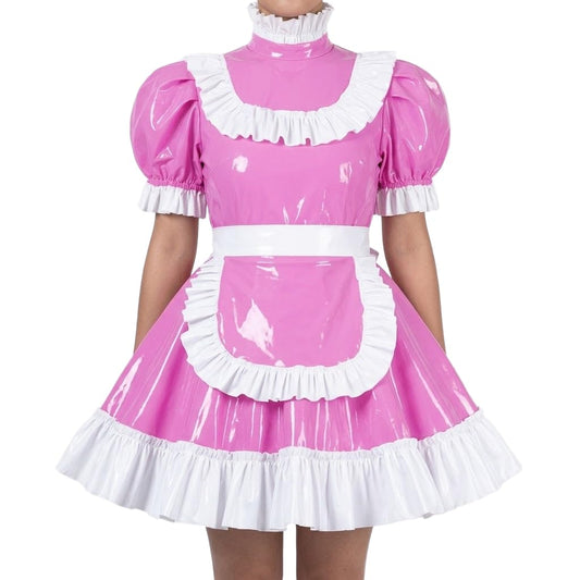 Sissy Crossdresser Ruffle Maid Wetlook Puff Short Sleeve Dress Lockable-  Cosplay Outfit Pink
