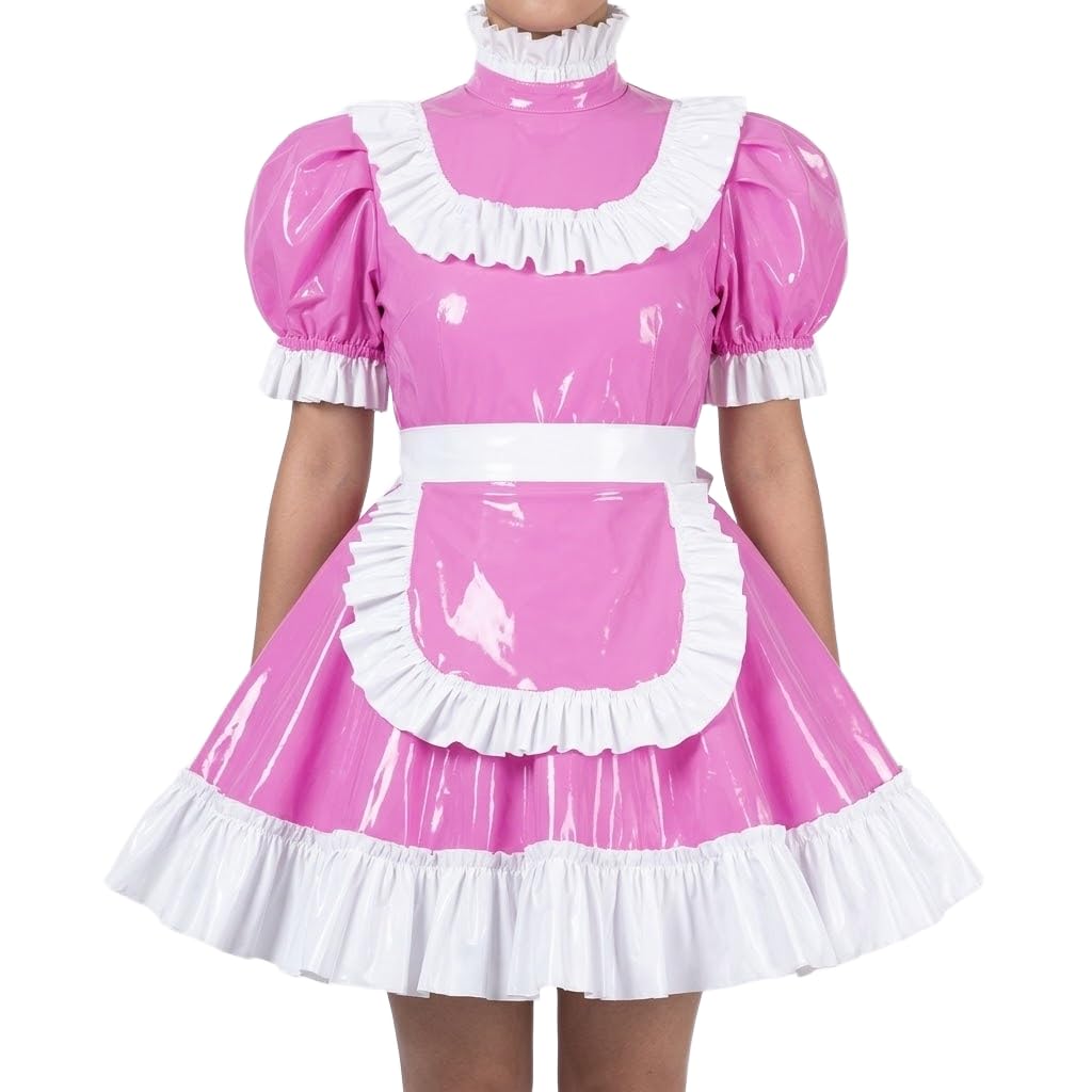 Sissy Crossdresser Ruffle Maid Wetlook Puff Short Sleeve Dress Lockable-  Cosplay Outfit Pink