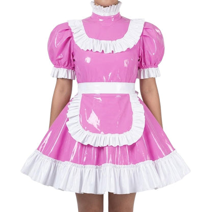 Sissy Crossdresser Ruffle Maid Wetlook Puff Short Sleeve Dress Lockable-  Cosplay Outfit Pink