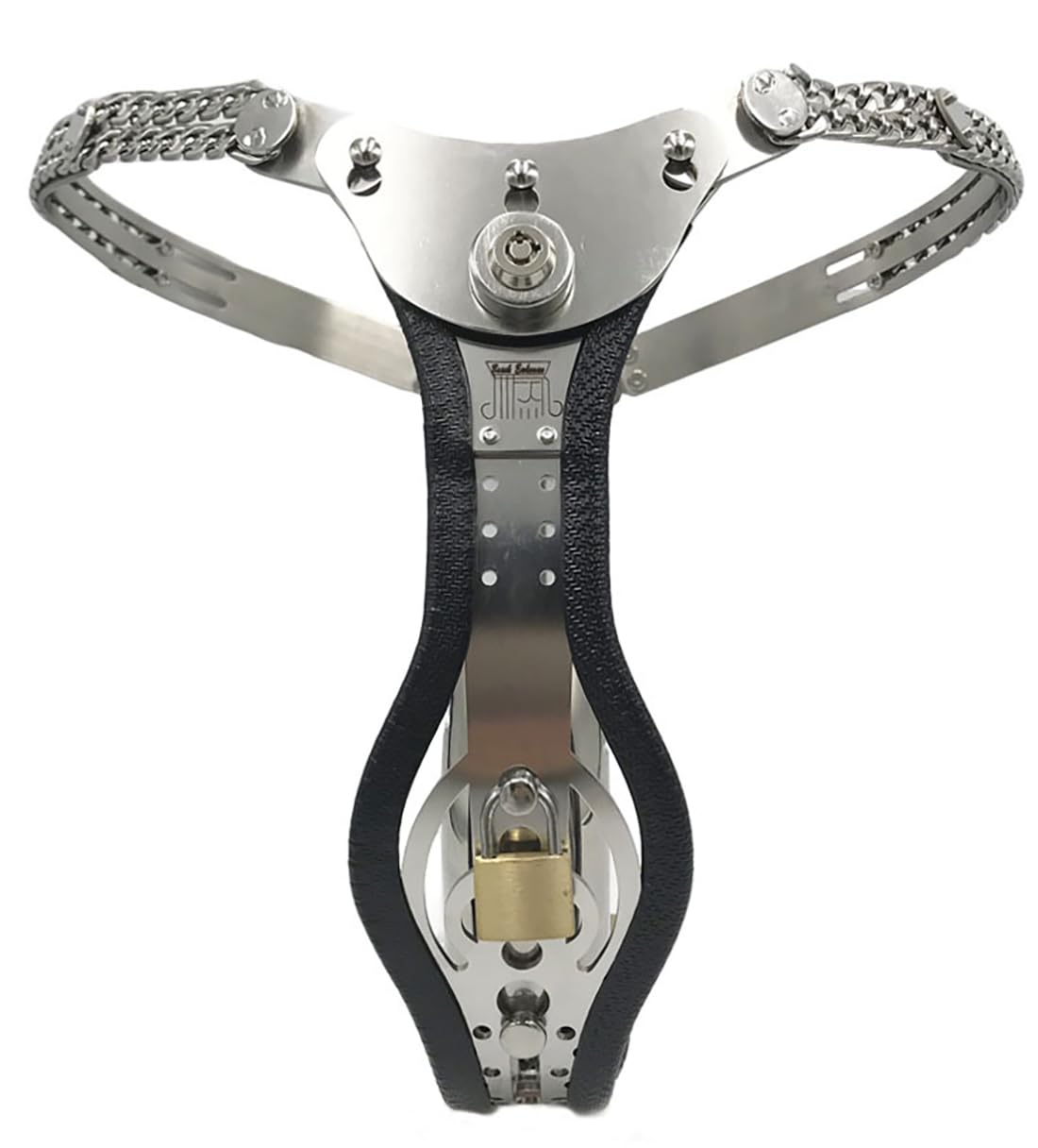 Stainless Steel Push Lock Version Male Chastity Belt with cage Adjustable Chain Detail Pants Waist 76-100cm (Black with Butt Plug)