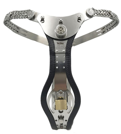 Stainless Steel Push Lock Version Male Chastity Belt with cage Adjustable Chain Detail Pants Waist 76-100cm (Black with Butt Plug)
