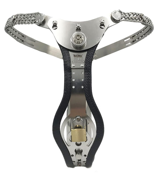 Stainless Steel Push Lock Version Male Chastity Belt with cage Adjustable Chain Detail Pants Waist 76-100cm (Black with Butt Plug)
