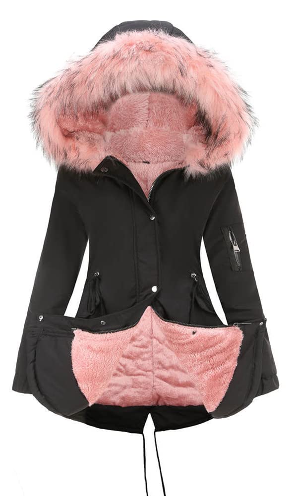 Sissy - Sister Amy Women Trench Coat Fleece-Lined Mid-length Jacket with Detachable Collar Black-1 Small