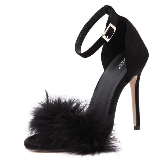 MMJULY Women's Open Toe Ankle Strap Fluffy Feather Stiletto High Heel Dress Sandal Black US 7.5