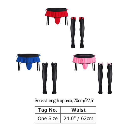 ABAFIP Men's Sissy Lingerie Skirted Garters Belt Panties Bowknot Stockings 2 Piece Crossdressing Underwear Honeymoon Valentine Nightwear set Pink-socks set One Size