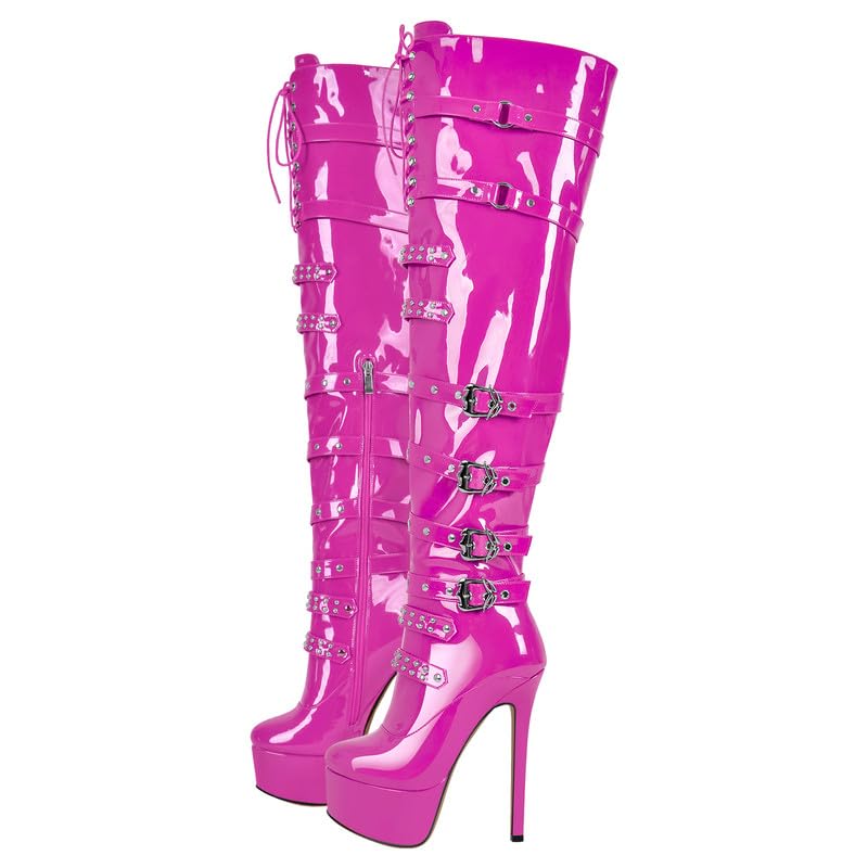 Sissy Platform Thigh High Boots with Zipper Stiletto Heel Over the Knee High Boots Lace Up Punk Motorcycle Boots Buckles Chains Rivets Ornamented Long Shaft Pink