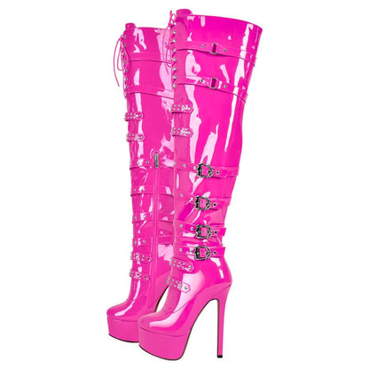Sissy Platform Thigh High Boots with Zipper Stiletto Heel Over the Knee High Boots Lace Up Punk Motorcycle Boots Buckles Chains Rivets Ornamented Long Shaft Pink