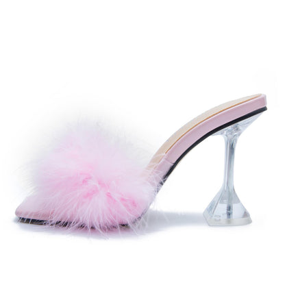 Women's Feather High Heeled Mules Slip On Sandals Square Toe Bridal Wedding Party Shoes Fuzzy Fluffy Sexy Clear Heels Pink 40 US 8