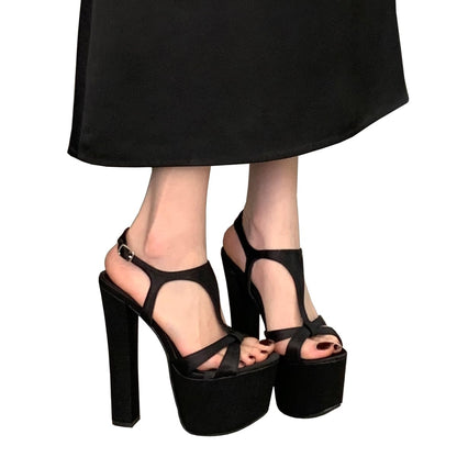 Black Strappy Heels for Women Sexy Open Toe Chunky Heels 6.3 Inch T-Strap Platform Heeld Sandals Party Prom Shoes (Black,7)