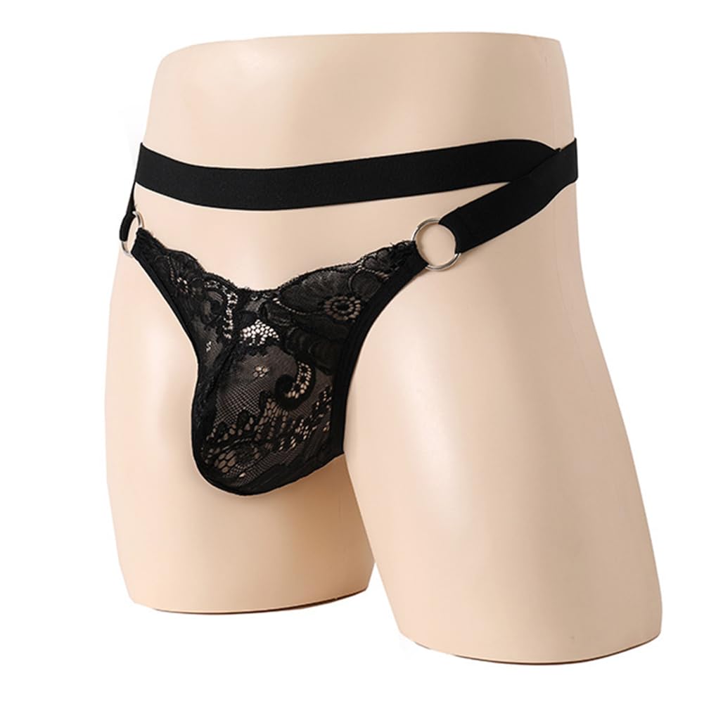 ABAFIP Men's Lace Thong Underwear Low Waist Sissy Pouch G-String Panties Crossdressing Lingerie Black Large