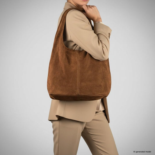 Italian Genuine Suede Hobo Handbag for Women, Large Slouchy (Mocha)