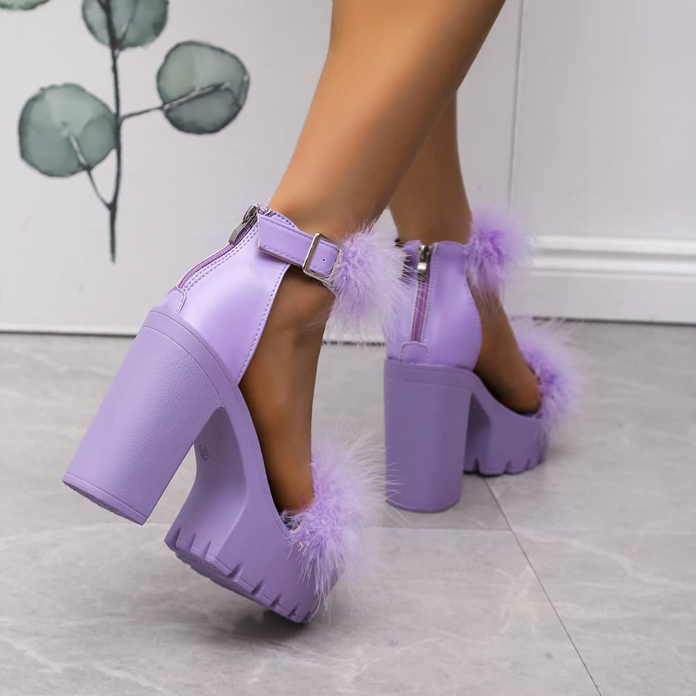 Women'S Faux Fur Chunky Heel Sandals Platform Open Toe Fuzzy Ankle Strap Sexy Colorful Wedding Dress Heels(Purple,8