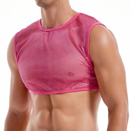 FIROTTII Men's Sexy Rose Pink Mesh Crop Top and Pink See Through Mesh Shorts (Rose + Pink S)