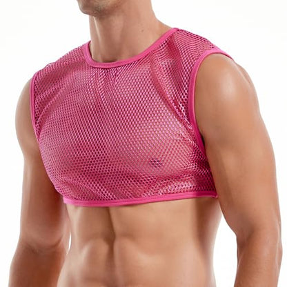 FIROTTII Men's Sexy Rose Pink Mesh Crop Top and Pink See Through Mesh Shorts (Rose + Pink S)