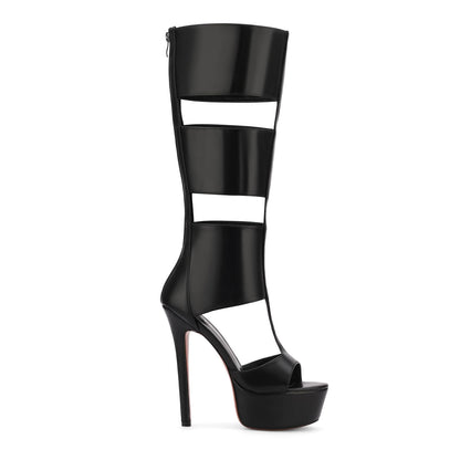 Fancy Queen Platform Knee High Heels for Women, Gladiator Open Toe Summer Boots Black Heels Sandal, Sexy Style Casual for Party
