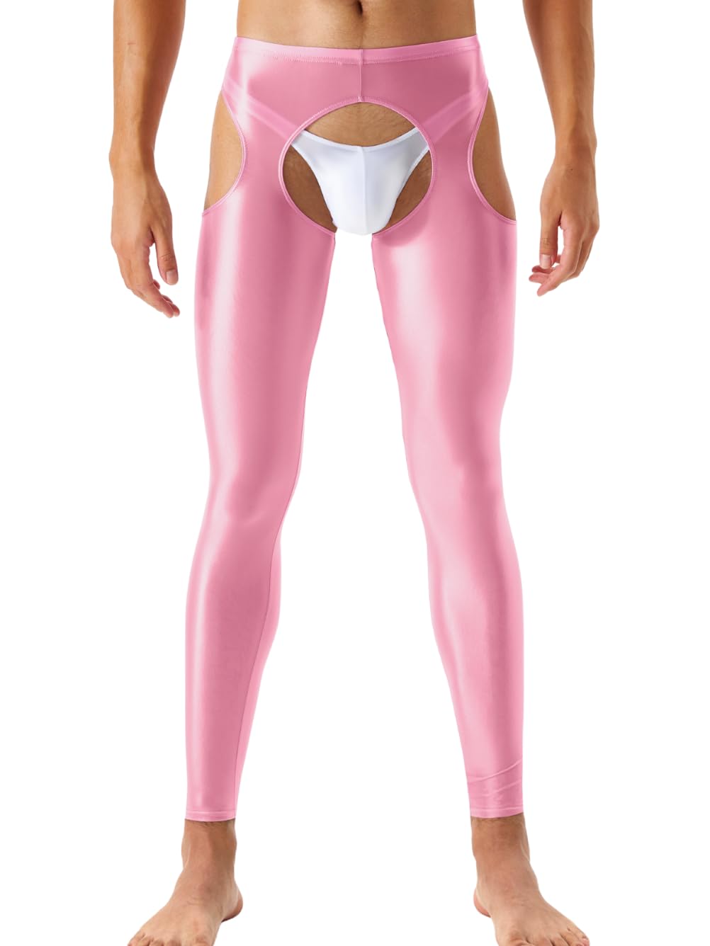Sexy Shiny Leggings For Men, Sheer Sissy Clothes, Rave Party Outfits, Gay Lingerie Mens Sparkly Pantyhose Femboy Underwear Tights Pants Panties Silk, Light Pink, X-Large