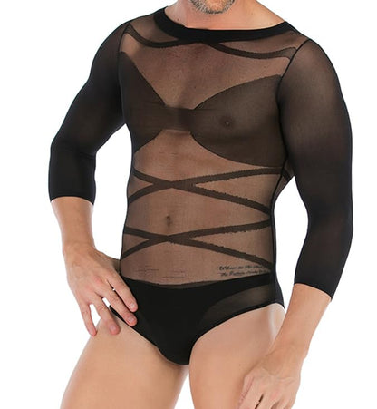 CAZEOUU Men's Sheer Black Bodysuit, Sexy Lingerie Set with Long Sleeve Top - Perfect for a Tempting Night In.