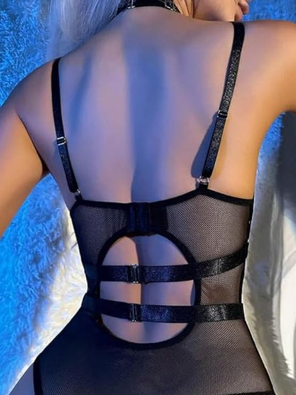 uwsic Gothic Lingerie for Women Leather Bodysuit Mesh Patchwork Wet Halter Neck Leotard Clubwear Black Medium