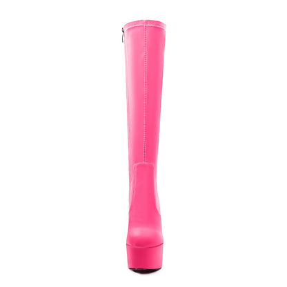 chunky heel Black White Red yellow knee high boots Platform Stretch boots Round toe Side zipper Sexy Super high heel hot pink shoes for women unisex-Magenta satin