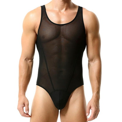 ABAFIP Men's Mesh Undershirts Bodysuit Sleeveless Sheer Tank Top Jumpsuit Fitness Mankini Jumpsuit Singlet Rave Tanks Black XX-Large