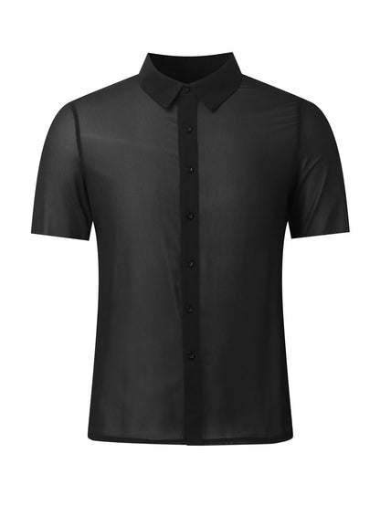COOLOYA Men's Mesh Sheer Solid Short Sleeve Collar Button Front Party Shirt Tops Black M
