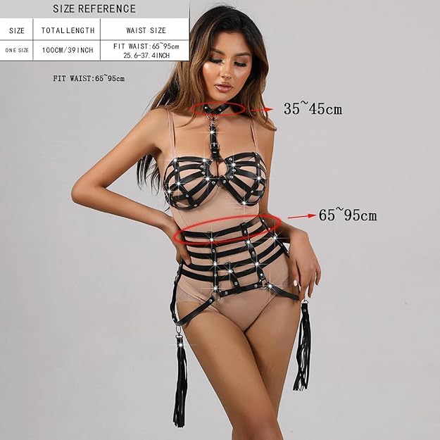 Adjustable Gothic Chest Chain for Women, Punk Faux Leather Body Chain Harness Waist Belt, Alternative Body Waist Chain Belly Bra Body Chain for Women (Belt Band)