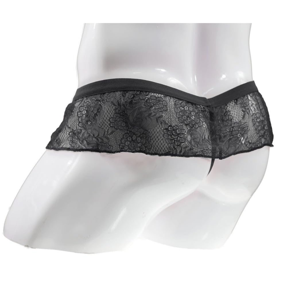 Mens Thong Underwear, Mini Skirt Thongs, Male Frilly Lace Sissy Panties, Feminine G-String Gay Lingerie for Men (Black 2)