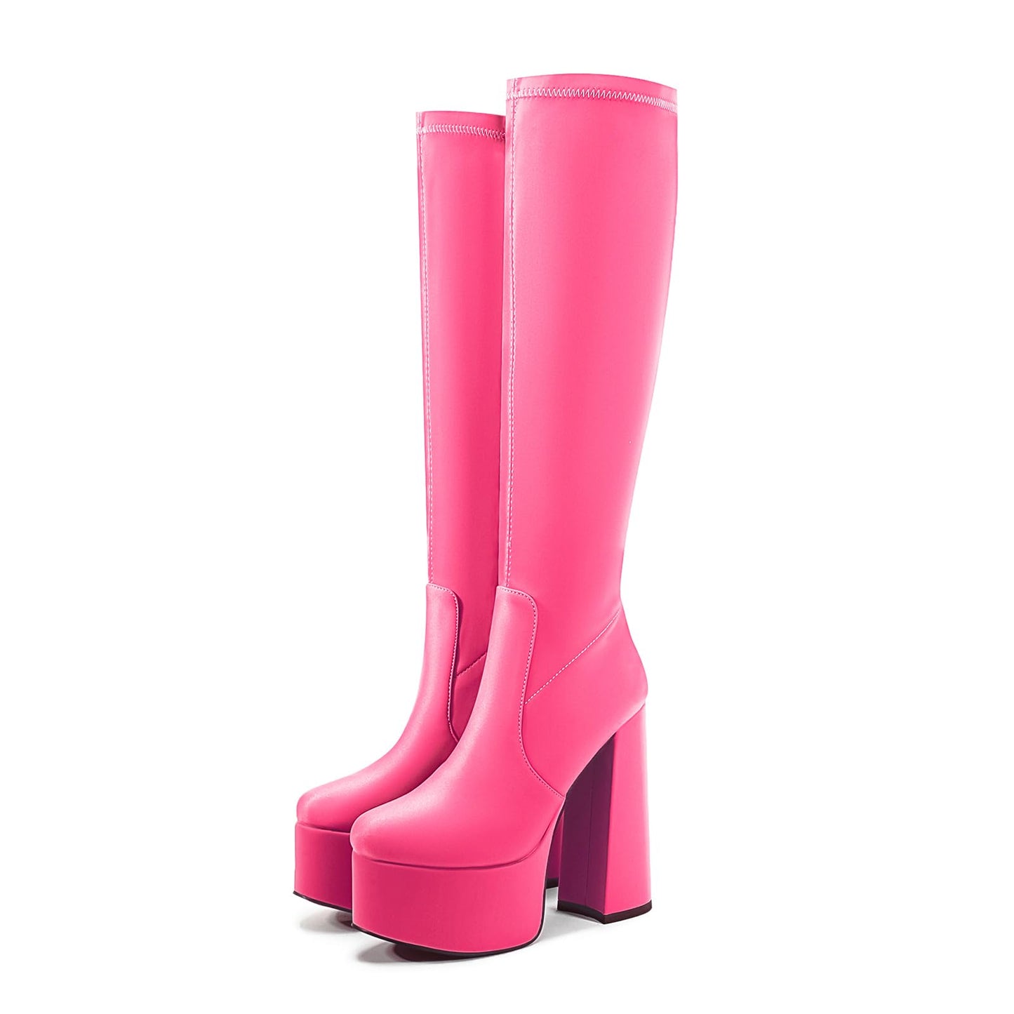 chunky heel Black White Red yellow knee high boots Platform Stretch boots Round toe Side zipper Sexy Super high heel hot pink shoes for women unisex-Magenta satin