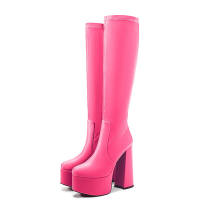 chunky heel Black White Red yellow knee high boots Platform Stretch boots Round toe Side zipper Sexy Super high heel hot pink shoes for women unisex-Magenta satin