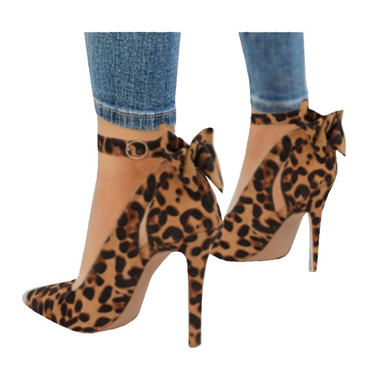 Fashare Womens High Heels Pointed Toe Bowtie Back Ankle Buckle Strap Wedding Evening Party Dress Pumps Shoes (9 B(M) US, Leopard)