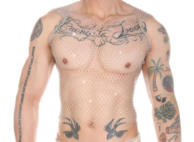 Men's Rave Outfit Sheer Rhinestone Top Sleeveless Tanks Crop Top Fishnet Vest Self-tie Wrap Mini Skirt Silver-top Medium