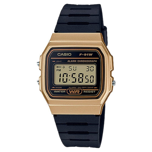 Casio Men's 'Vintage' Quartz Metal and Resin Casual Watch, Color:Black (Model: F-91WM-9ACF), Black/Gold