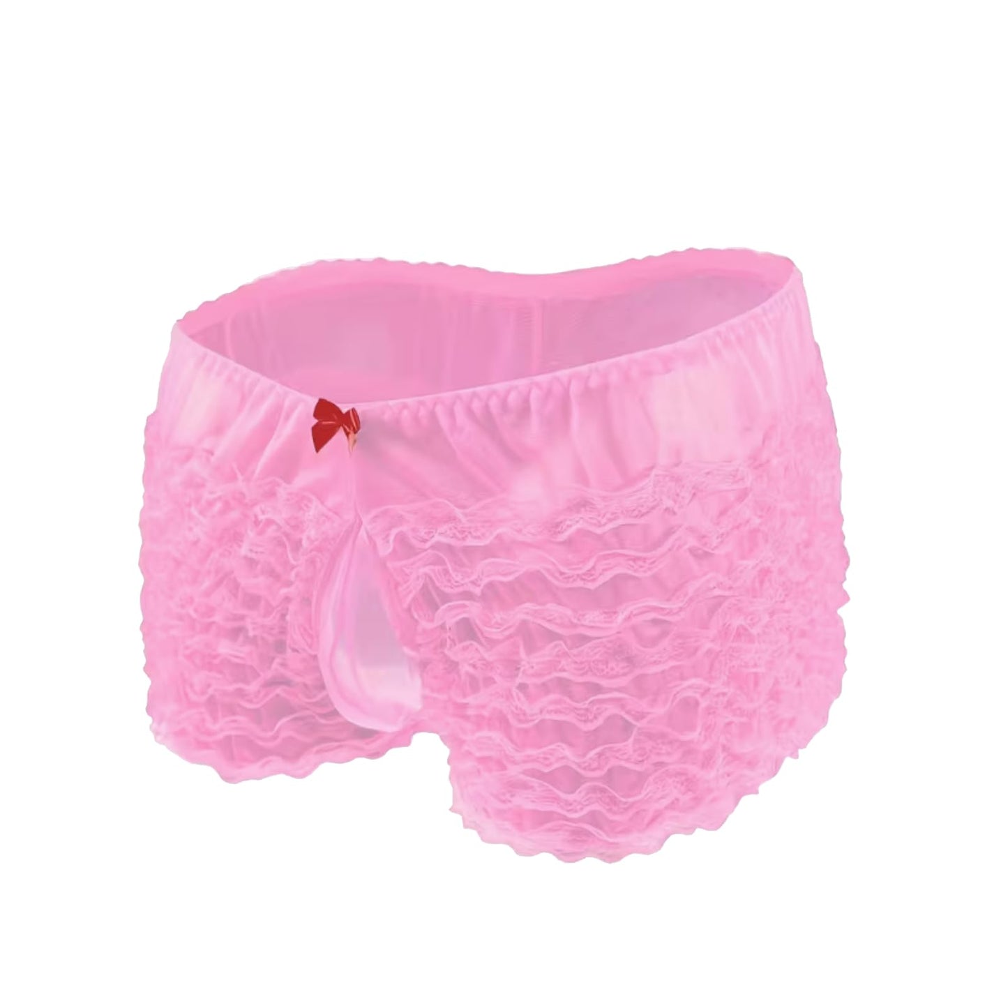 Men’s Sissy Lace Ruffle Shorts Femboy Underwear Cute Frilly Bloomers with Bow Crossdresser Lingerie for Men Soft See Through Panties(Pink)