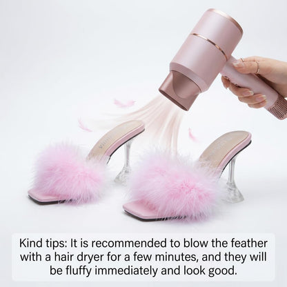 Women's Feather High Heeled Mules Slip On Sandals Square Toe Bridal Wedding Party Shoes Fuzzy Fluffy Sexy Clear Heels Pink 40 US 8