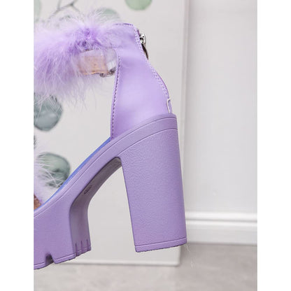 Women'S Faux Fur Chunky Heel Sandals Platform Open Toe Fuzzy Ankle Strap Sexy Colorful Wedding Dress Heels(Purple,8