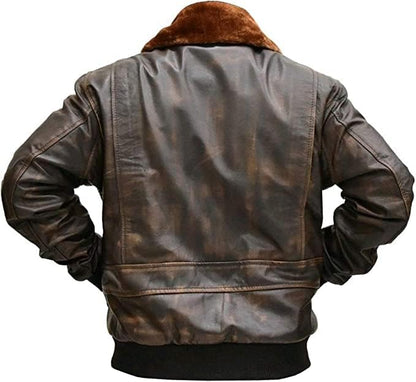 Brown Aviator G-1 Men Distressed Real Leather Bomber Flight Jacket - G1 Leather Naval Flight Jacket