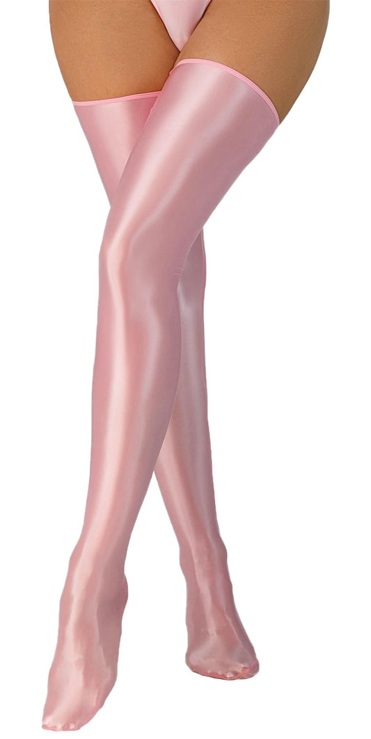Sissy Oil Glossy Thigh High Shiny Sheer Stockings Pink
